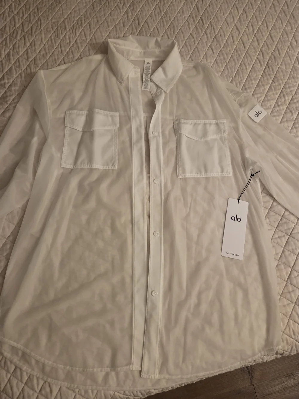 ALO Yoga Sheer White Cropped Button-Down Shirt - Picture 5 of 7